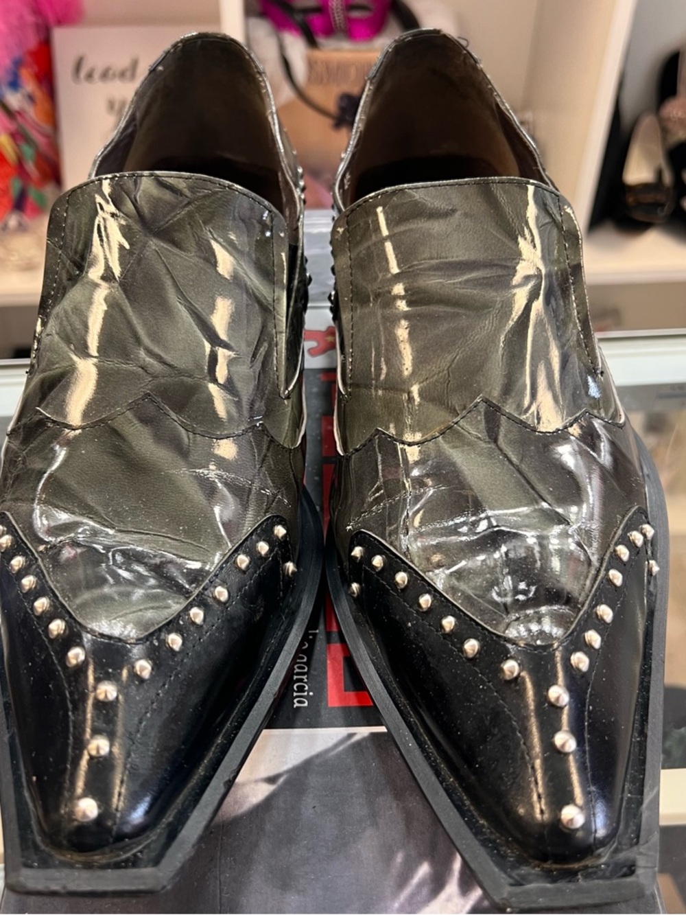 Studded Green and Black Slip-On Mules